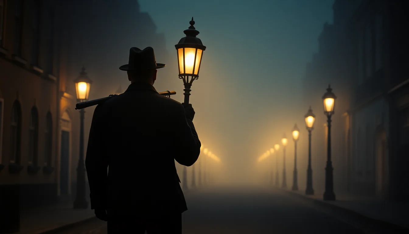 A cloaked figure holding a lit lamppost on a foggy cobblestone street at night