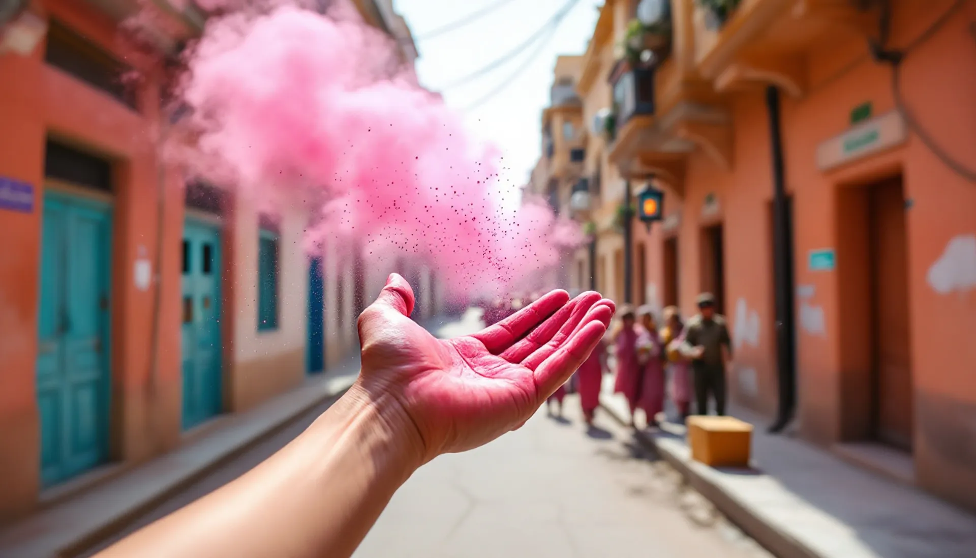 A hand releasing pink color powder in a Jaipur street during Holi