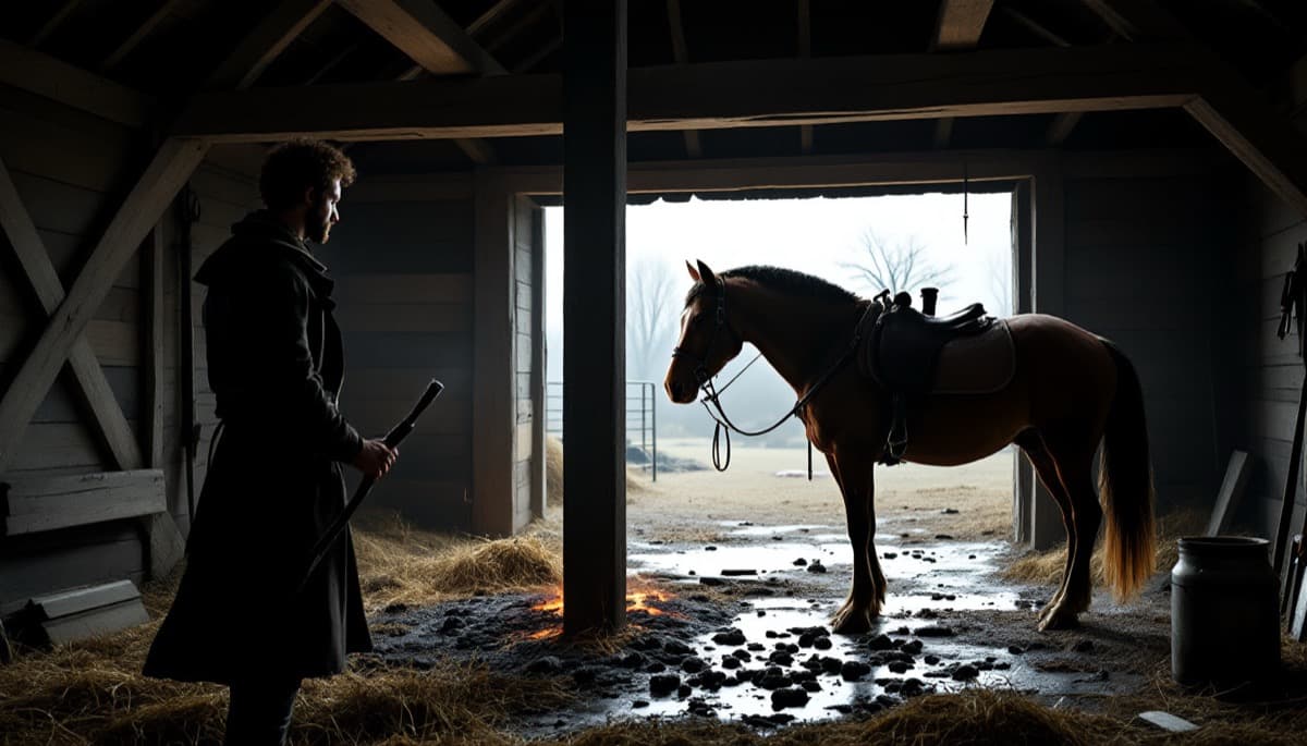 A blacksmith hammering glowing steel in a dim forge