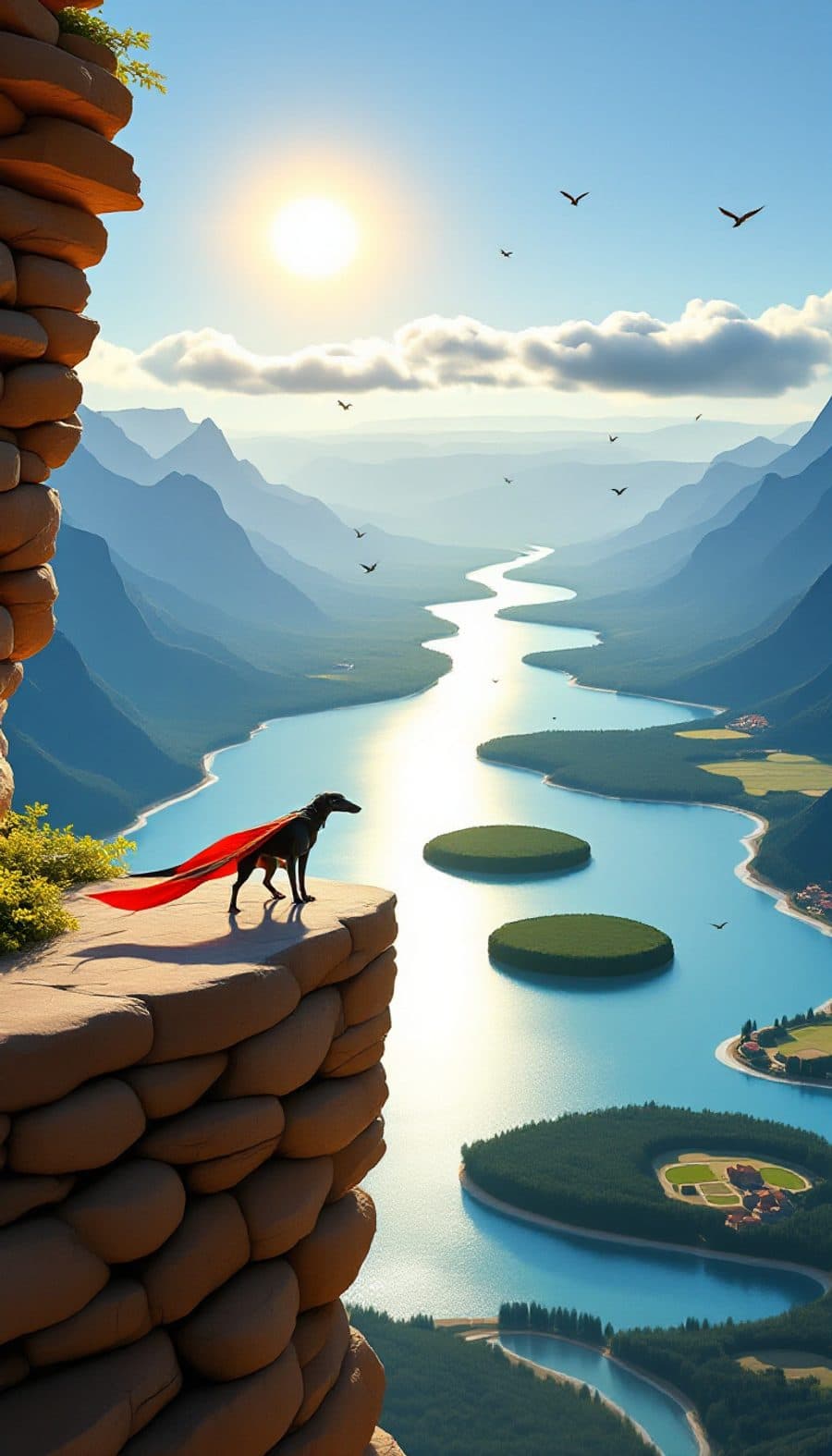A small red-caped dragon on a cliff above a winding sunlit river valley