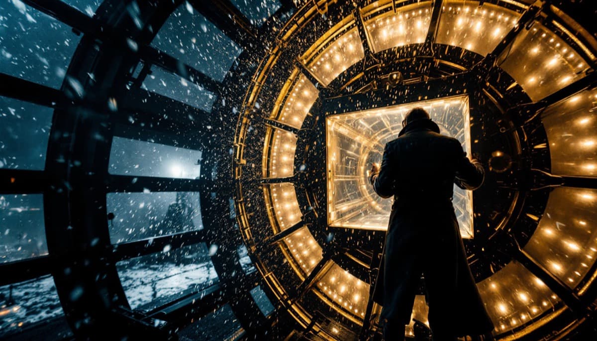 A keeper inside a lighthouse lamp room in a blizzard