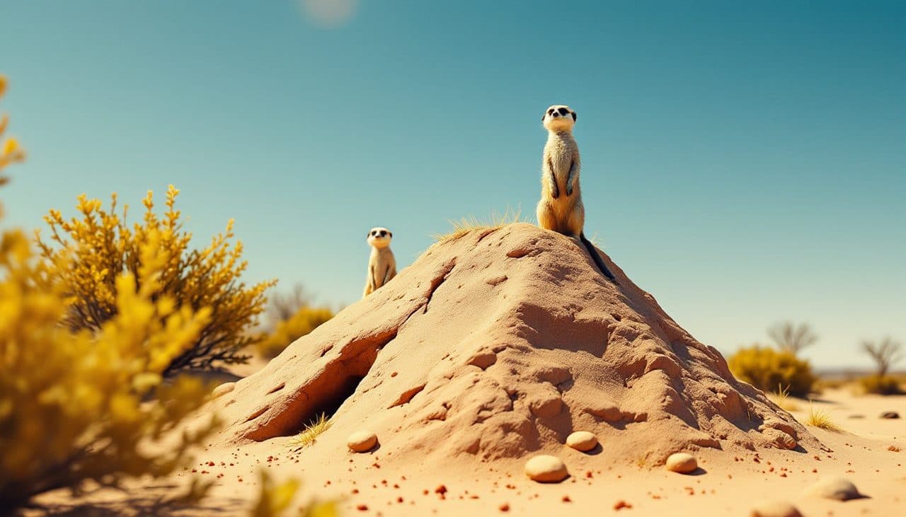 Two meerkat sentries on a sunlit termite mound under a blue sky