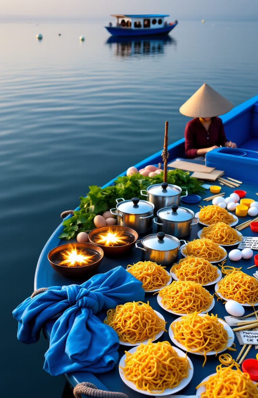 A blue boat stacked with golden noodle plates at dawn on a floating market