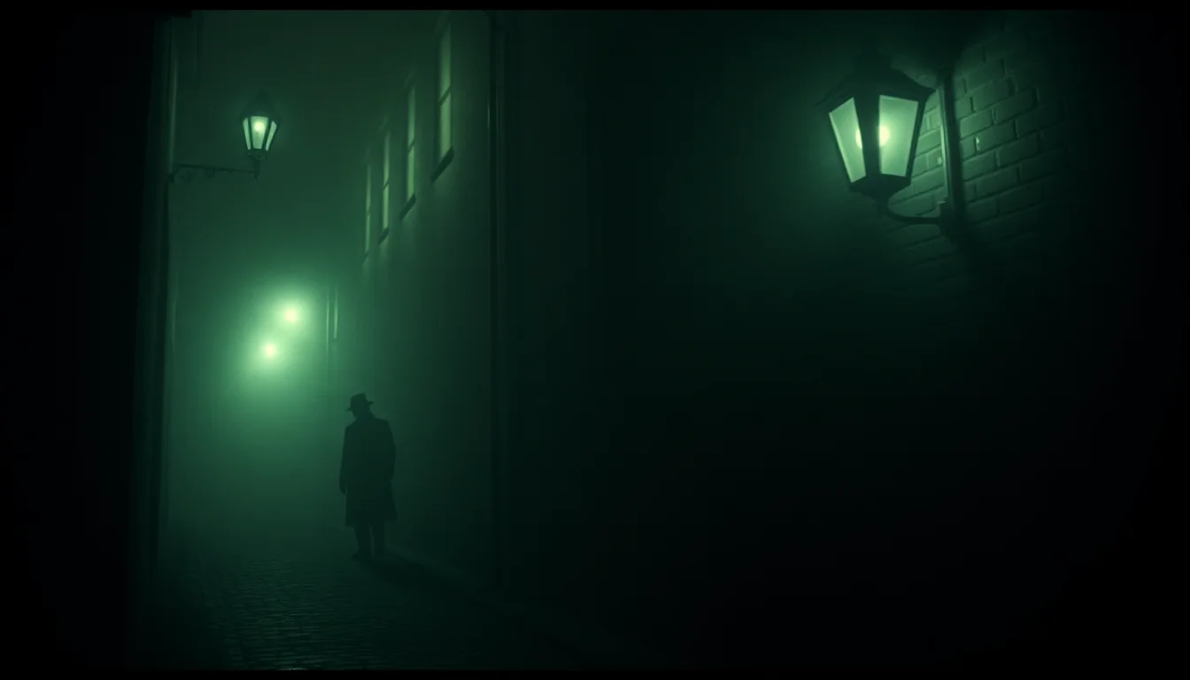 A narrow lantern-lit alley between old stone buildings at night