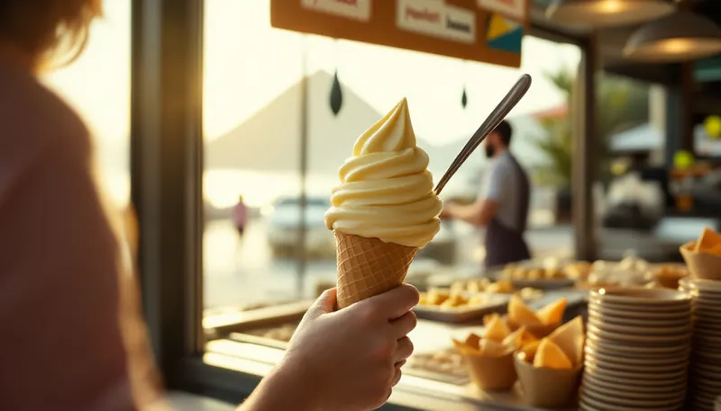 A hand holding a soft-serve cone at a seaside gelato stand