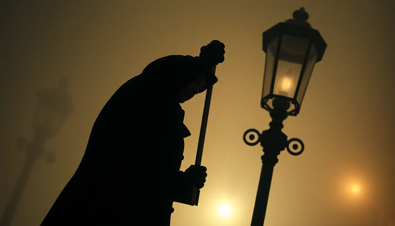 Low-angle shot of a lamplighter climbing a ladder against a lamp post