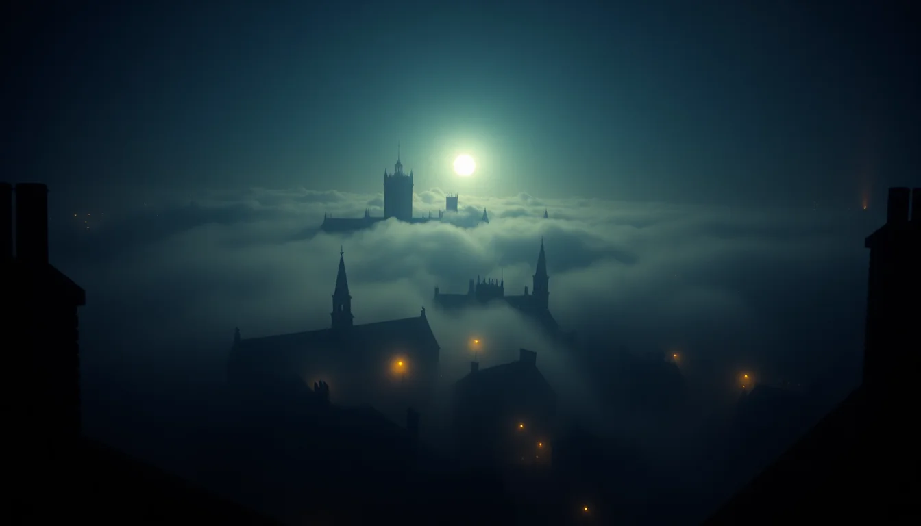 A fog-bound city skyline at night, church spires rising above the cloud line under a hazy moon
