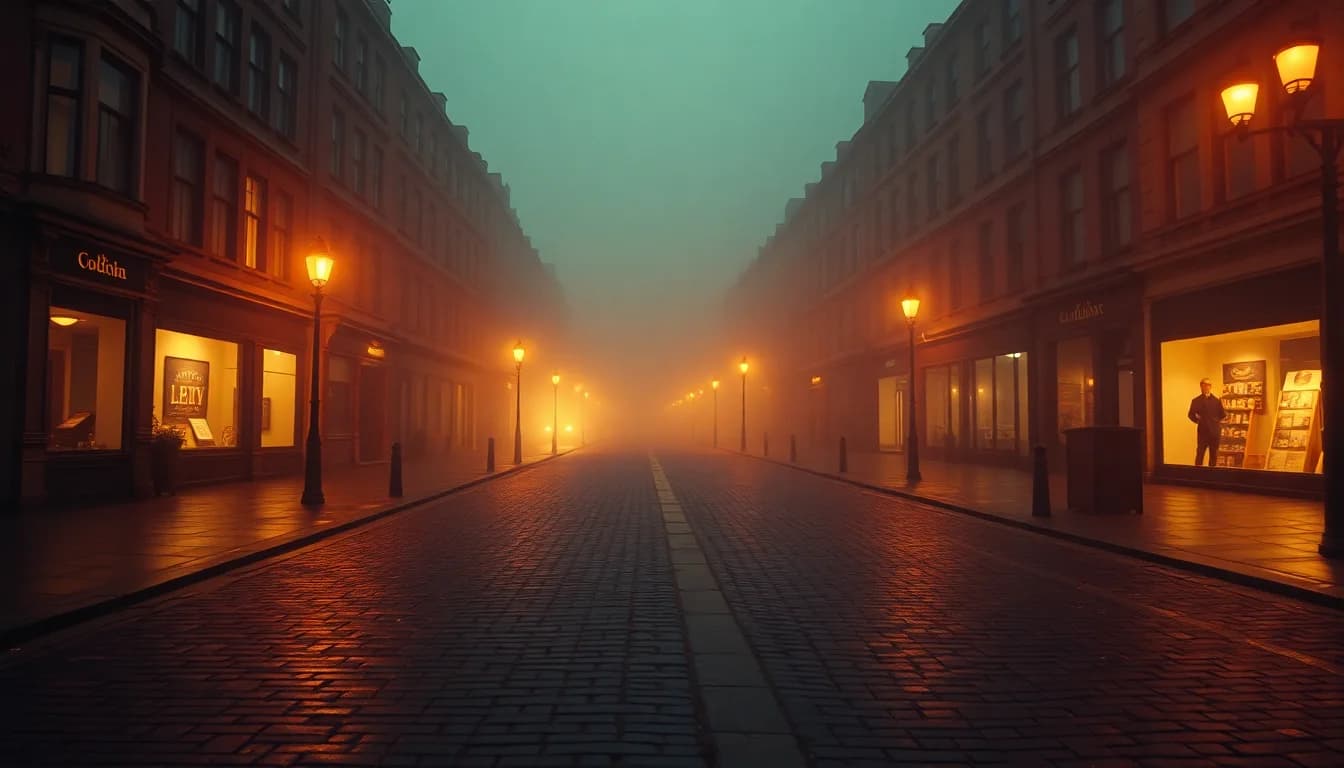 Wide shot of a wet cobblestone street at dusk, gas lamps unlit