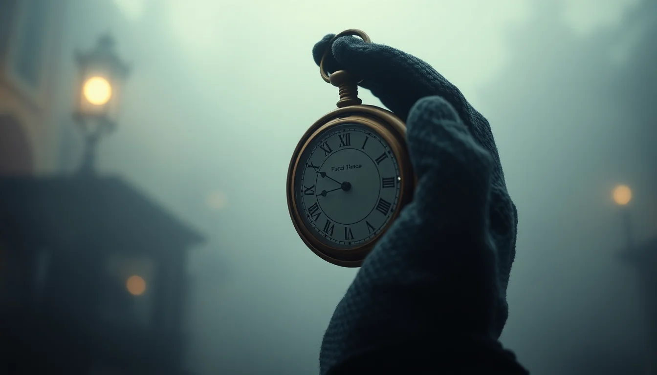A close-up of a pocket watch face catching lamplight
